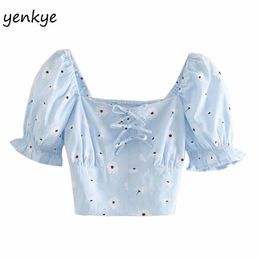 Women Daisy Floral Print Crop Top Sweet Front Bow Square Neck Short Sleeve Summer Tops Holiday Blouse DDOM0101 210514