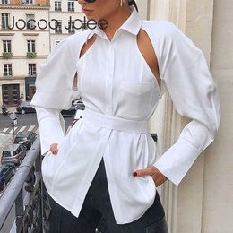 Jocoo Jolee Designed White Shirt Women Long Sleeve Turn-down Collar Hollow Out Slim Blouse Sexy Backless Lace Up Bandage Tops 210619