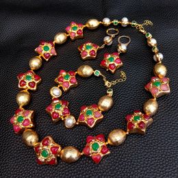 YYGEM Red Agate And green Jade Flower White Pearl With Gold Plated Brushed Beads