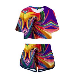 -Männer T-Shirts 3D Krawatte Farbstoff Texturen Zwei Stücke Set Sommer Sexy Baumwolle Buntes T-Shirt Frauen Shorts und Crop Top Mode Tracksui