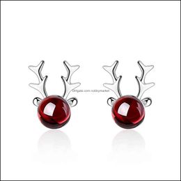 Charm Earrings Jewellery Trendy Cute Christmas Deer Elk Animal Garnet 925 Sterling Sier Lady Stud Women Promotion Gift Drop Delivery 2021 Vplk