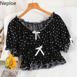 Neploe Ruffles Off Shoulder Blouse Womens Summer Slash Neck Puff Sleeve Slim Waist Shirts Bow Heart Printed Fashion Crop Tops 210422