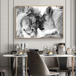 Lion Couples Canvas Painting Black White Decorative Pictures For Living Room Kid'Room Modern Art Home Decor Cudros No Frame