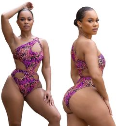 Women's One-Piece Swimsuit Fashion Sexy Patchwork Swimwear Two-color Leopard Digital Print Bikini One-shoulder Beam Waist Band High Stretch Siamese