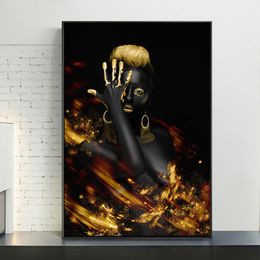 Canvas Painting Golden Black Woman Wall Art Pictures Posters and Prints for living room Modern Sexy Girl Decoration
