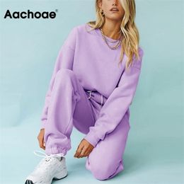 Aachoae Solid Casual Tracksuit Women Sports 2 Pieces Set Sweatshirts Pullover Hoodies Suit Home Sweatpants Shorts Outfits 210727
