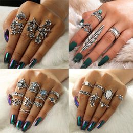 Wedding Rings 12Pcs/Set Retro Antique Silver Colour Crystal Rose Flower Lotus Crown Elephant Ring Luxury Shiny Knuckle Sets Jewellery