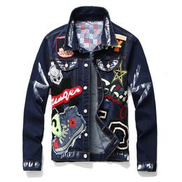 Giacca da uomo in denim con vernice slim distintivo Street Hip Hop Cappotto da motociclista ricamato da uomo Cappotto di moda maschile Chaqueta Hombre