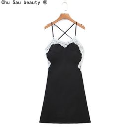Summer V-Neck Sexy White Lace Edge Stitching Black A-Line Camisole Dress Female Backless Suspender Vintage Vestido 210508