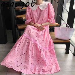 Dresses Chic Korean Sexy Hollow Out Pink Lace Peter Pan Collar Dress Women Flare Sleeve Patchwork Loose Sweet Summer Fashion 210429