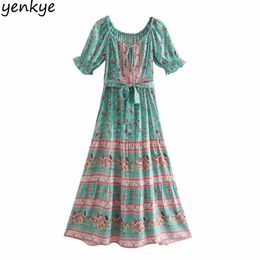 Holiday Summer Women Green Floral Print Sexy Square Neck Short Sleeve Sashes A-line Casual Boho Dress vestido 210514