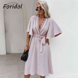 Lace Spliced Elegant Ladies Dress Women Flare Sleeve Purple Long V Neck Casual Maxi Summer Sundress 210427
