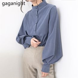 Korean Fashion Top Women Stand Long Lantern Sleeve Shirts Single Row Multi Button Black Ladies Blouse Spring 210601