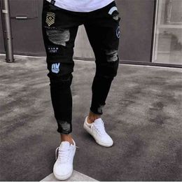 hole embroidered jeans Slim men trousers men's Casual Thin Summer Denim Pants Classic Cowboys Young Man black blue 210716