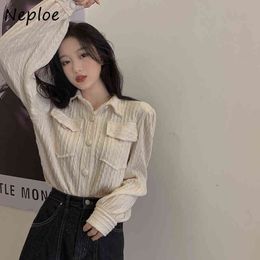 Neploe Turn Down Collar Long Sleeve Single Breast Blouse Women Work Style Office Lady Solid Blusas Spring Slim Shirt 210510