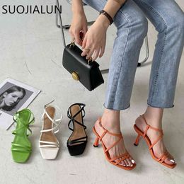 SUOJIALUN New Fashion Narrow Band Gladiator Women Sandals Thin High Heel Pumps Shoes Cross Strap Summer Outdoor Open Toe Slides Y0305