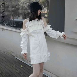 White Folds Spaghetti Strap Dress Women's Summer Square Collar Hollow Out Long Sleeve Mini Dresses Female 210427