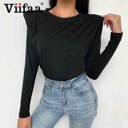 Viifaa Black Cotton T Shirt with Shoulder Pad Women Autumn Long Sleeve Tshirts O-Neck Elegant Office Ladies Tops 210324