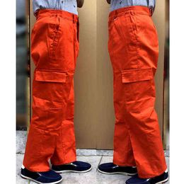 2020 japanese style Wear-resistant workout pants orange cotton overalls pants men casual loose HIPHOP pocket cargo pants for men H1223