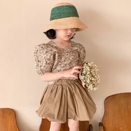 Girl Clothes Set Summer Puff Sleeve Floral Print Shirt + Skirt 2-Pieces Toddler Kid Sweet Children's 210515