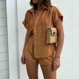 Furry Solid Shirts Tracksuit Women Two Piece Set Short Sleeve Shirt Tops+Loose Shorts Female Suit Summer Casual Loungewear 210518