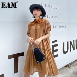 [EAM] Women Caramel Casual Pleated Two Pieces Suit Dress Lapel Short Sleeve Loose Fit Fashion Spring Summer 1DD8580 21512