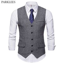 Grey Men's Herringbone Tweed Suit Vest Brand Slim Fit Sleeveless Waistcoat Male Vintage Gentleman British Dress Vest 210522