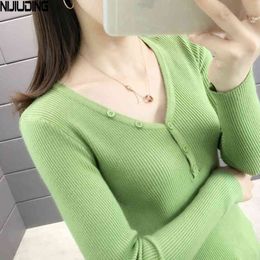 Women's Bottoming Shirt All-match Slim Knit Sweater Excellent Long-sleeved V-neck Button Top Autumn Pullover 210514