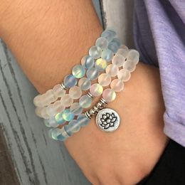 Matte Blue & White Color Sparkling Labradorite Stone Bracelet For Woman 108 Meditation Mala Lotus Necklace Om BraceletS
