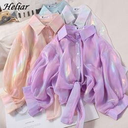 HELIAR Spring Women Shining Sparkles Blouse Shirt With Buttons Half Sleeve Chiffon Shirts Transparent Sexy Blouses For Women 210317