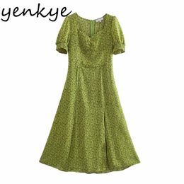 Summer Dress Women Sexy Slits Green Floral Print Female V Neck Short Sleeve A-line Midi Elegant Chic Vestido 210514
