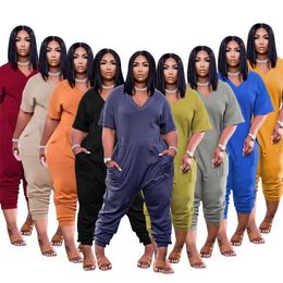 5 XL Plus Size Jumpsuit Fashion Pocket Sexy V Neck Casual High Street Solid Colour Trousers Women's Clothing Wholesale 211022