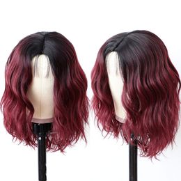 Burgundy Ombre Synthetic Lace Front Wig Short Bob Heat Resistant Glueless Sytnthetic Silk Base Wigs Water Wave For Womenfactory direct