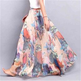 Elegant Summer Bohemian Maxi Skirts Women Long Skirt Chiffon Saia Beach High Waist Tutu Casual Vestidos Harajuku Print Clothes 210619