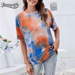 O-Neck Drop Shoulder Tie Dye T Shirts Women Summer Short Sleeve Pullover Female Tops Tee Loose Casual T-shirt 210510