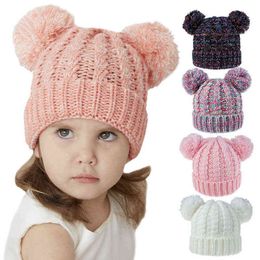 1-6 Years Old Children's Wool Hat Twist Woven Cute Double Ball Cap Simple Solid Color Knitted Thick Winter Warm Children's Hat Y21111