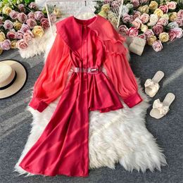 Spring Autumn Women's Dress Korean Solid Color Round Neck Chiffon Irregular Slim Loose Long Sleeve es LL498 210506