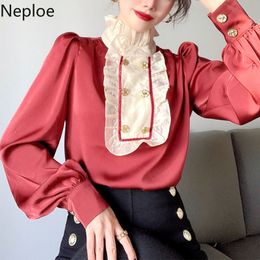 Neploe Women's Shirt Vintage Stand Neck Ruffles Patchwork Blouses Tops Lace Chiffon Puff Sleeve Plus Size Blusas Mujer 4H579 210422