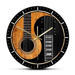 Yin Yang Guitar Bass Printed Wall Clock Acoustic Guitar Silent Non-ticking Wall Watch Music Studio Decor Musician Guitarist Gift 210325