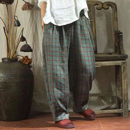 Johnature Women Plaid Straight Pants Elastic Waist Vintage Cotton Linen Trouser Spring Pockets Korean Style Female Pants 210521