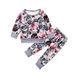 Girls Flower Print Tops+Pants Outfits Fall 2019 Kids Boutique Clothing 1-3T Little Girls Long Sleeves T-Shirts Trousers 2 PC Set