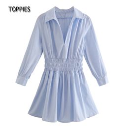 Woman Long Sleeve Shirt Dress V-neck Mini Solid Color A-line vestidos mujer 210421