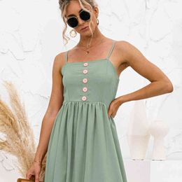 Holiday button Sexy beach print Slim long dress dress summer fashion vestido Spaghetti Strap Mid-Calf party boho dress 210514