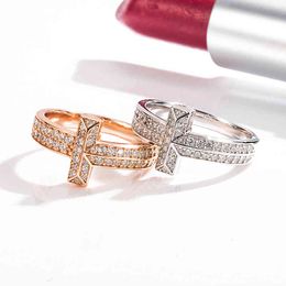 S925 Sterling Silver Letter T1 Ring Classic Two Row Full Diamond Wide Ins Trend Versatile Couple Pair