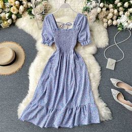 Women Chiffon Beach Dress Summer Shorts Sleeve Vintage Floral Printed A-line Dresses Ladies Elegant Robe Vestidos Clothes 210525