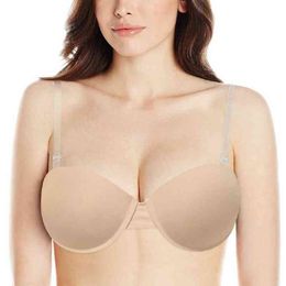 Clear Back Transparent Bra Women Padded Push Up Bra Strapless Convertible Adjusted Large Half Cup Simple Sexy Lingerie Everyday 211217