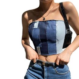 Women Tube Tops Stitching Colour Patchwork Sleeveless Backless Bandage Lace-Up Slim Fit Summer 210522