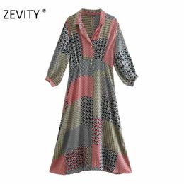 ZEVITY women vintage cloth patchwork geometric print shirt dress office ladies retro casual slim vestido chic dresses DS4427 210603