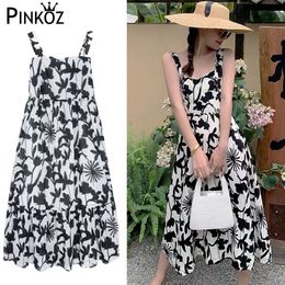 summer beach spaghetti strap black flower printed A-line high waist midi dresses for women causal young lady ropa mujer 210421
