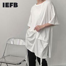 IEFB Asymmetric Short Sleeve Loose O-neck Casual Solid Colour Summer White T-shirt Drawstring Design Mid Length Tee Tops 210524